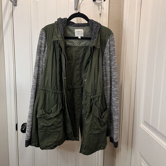 Torrid Womens Utility Jacket Plus Sz 2X Green Canvas w/ Knit Arms Hooded Zip Up - Picture 5 of 10